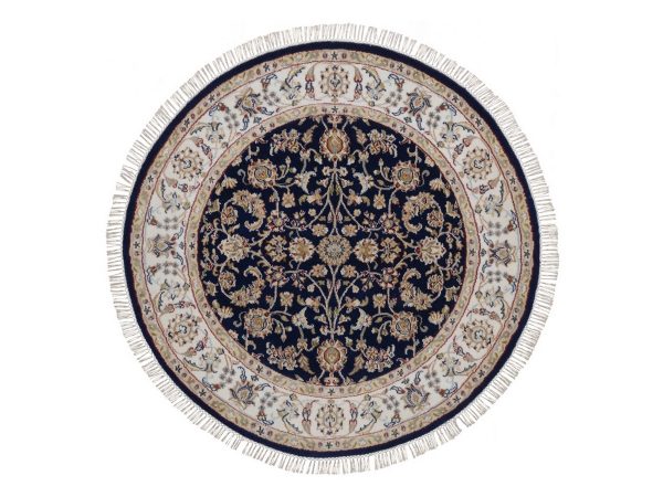 4'4"x4'4" Midnight Blue, Nain with All Over Flower Design, Soft Pile, Wool and Silk, 250 KPSI, Hand Knotted, Round, Oriental Rug HR92544