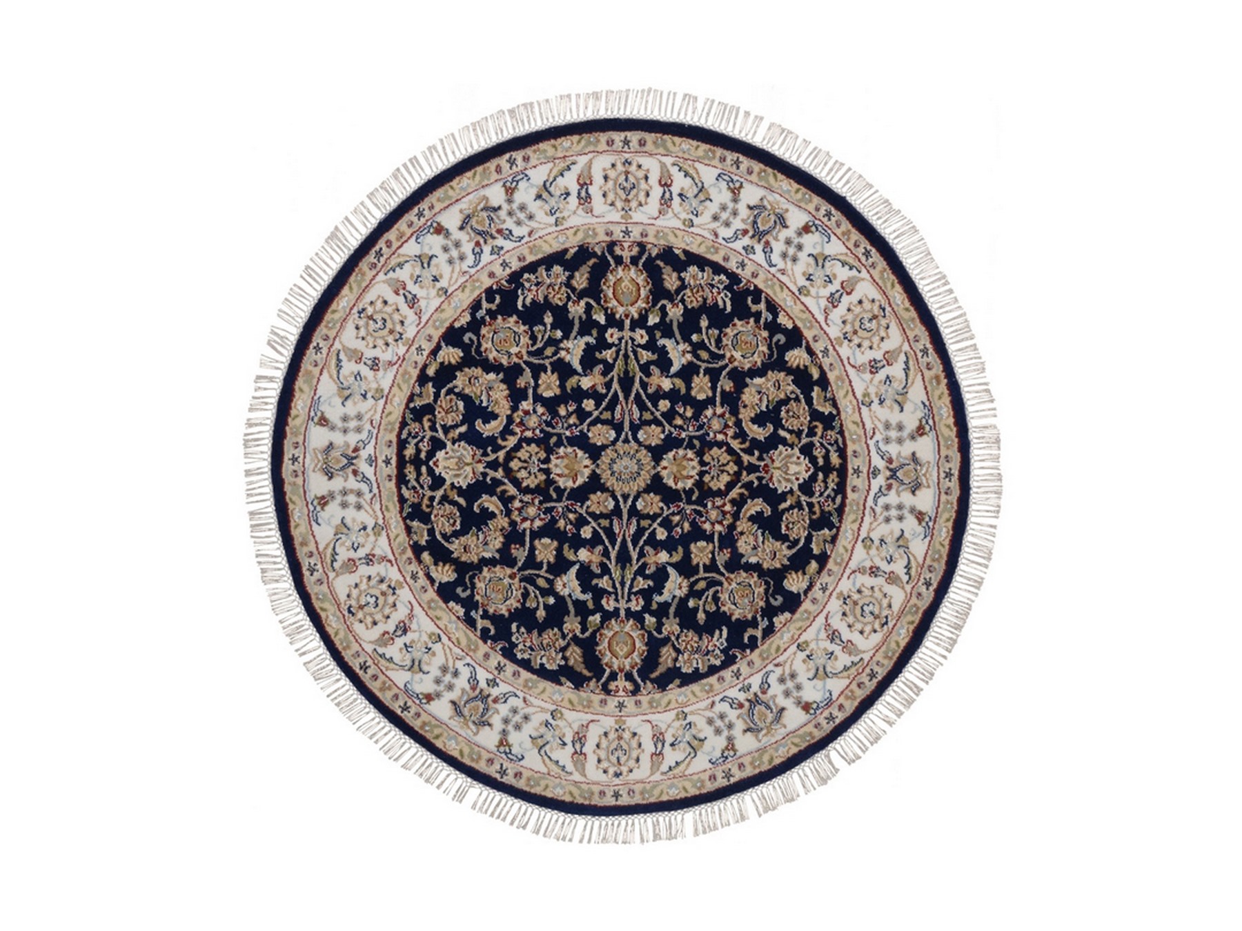 4'3"x4'3" Midnight Blue, Wool and Silk, Nain with All Over Flower Design, Soft Pile, 250 KPSI, Hand Knotted, Round, Oriental Rug HR92545