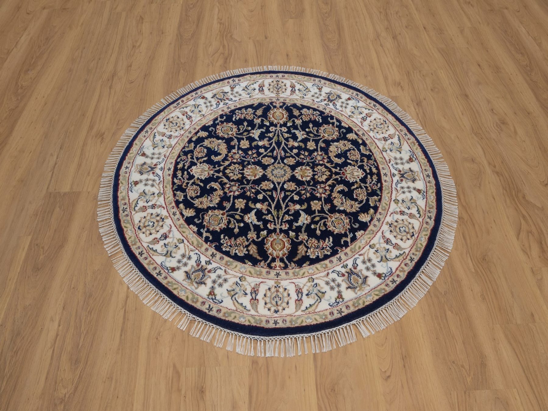 4'3"x4'3" Midnight Blue, Wool and Silk, Nain with All Over Flower Design, Soft Pile, 250 KPSI, Hand Knotted, Round, Oriental Rug HR92545 - Image 2