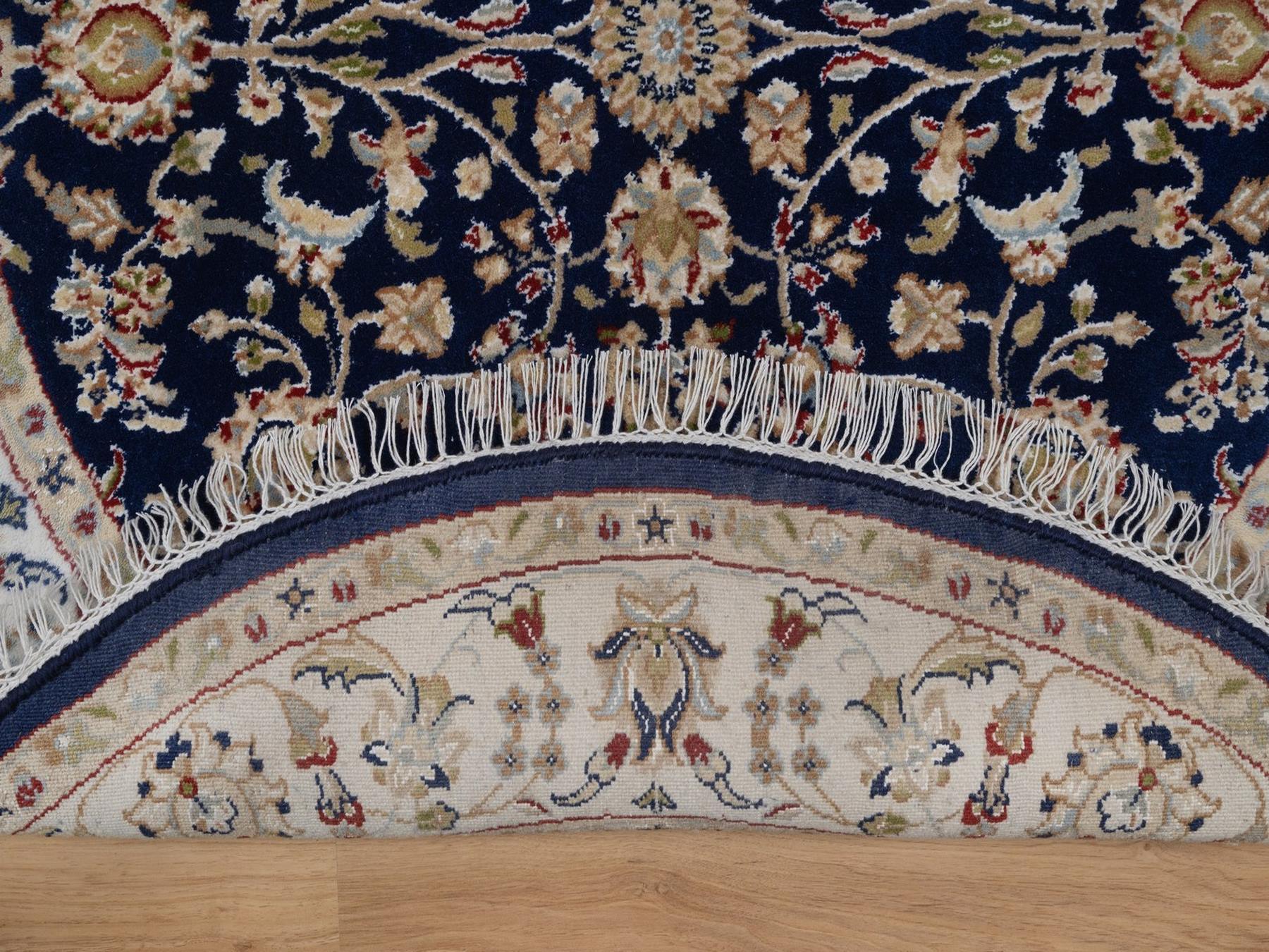4'3"x4'3" Midnight Blue, Wool and Silk, Nain with All Over Flower Design, Soft Pile, 250 KPSI, Hand Knotted, Round, Oriental Rug HR92545 - Image 3
