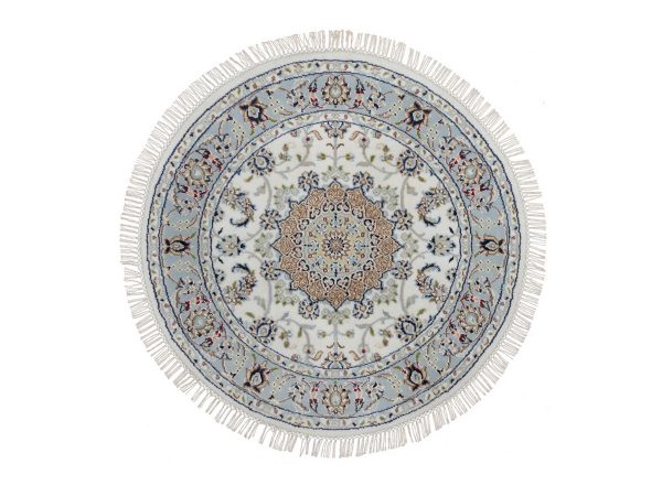 3'2"x3'2" Pearl White, Nain with Flower Medallion Design, 250 KPSI, Hand Knotted, Soft Pile, Wool and Silk, Round, Oriental Rug HR92547