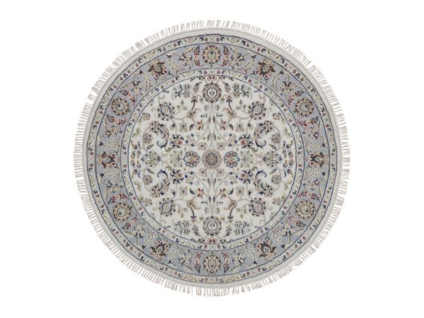 4'x4' Pearl White, Nain with All Over Flower Design, 250 KPSI, Hand Knotted, Soft Pile, Wool and Silk, Round, Oriental Rug HR92548