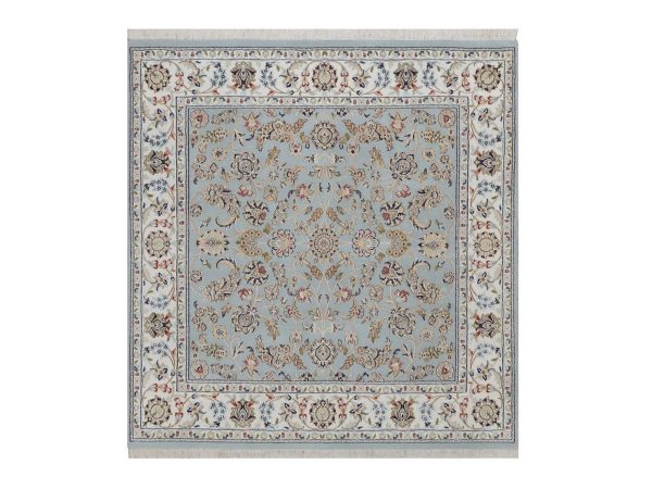 6'x6' Light Blue, Nain with All Over Flower Design, Soft Pile, Wool and Silk, 250 KPSI, Hand Knotted, Square, Oriental Rug HR92549