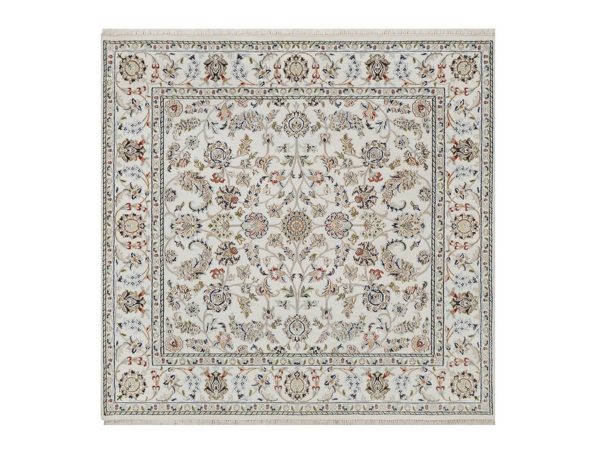 6'3"x6'3" Pearl White, Wool and Silk, Nain with All Over Flower Design, 250 KPSI, Hand Knotted, Soft Pile, Square, Oriental Rug HR92552
