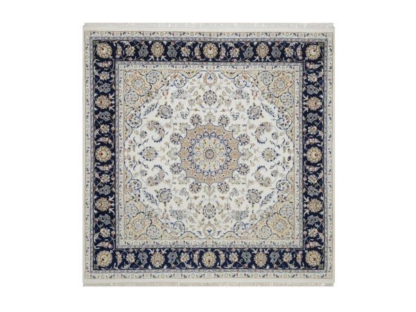6'6"x6'6" Pearl White, Nain with Flower Medallion Design, Wool and Silk, Hand Knotted, 250 KPSI, Soft Pile, Square, Oriental Rug HR92554