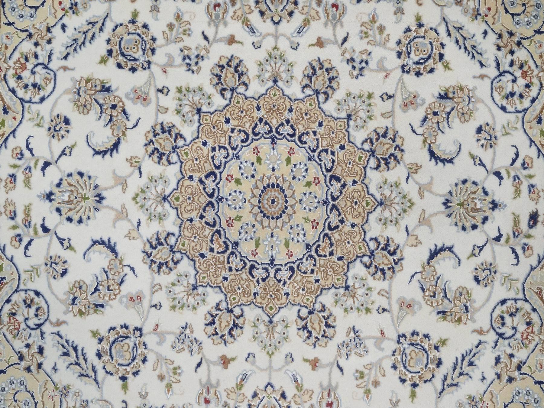 6'6"x6'6" Pearl White, Nain with Flower Medallion Design, Wool and Silk, Hand Knotted, 250 KPSI, Soft Pile, Square, Oriental Rug HR92554 - Image 5