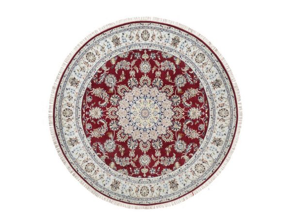 7'x7' Rhubarb Red, Nain with Flower Medallion Design, Hand Knotted, 250 KPSI, Wool and Silk, Soft Pile, Round, Oriental Rug HR92556
