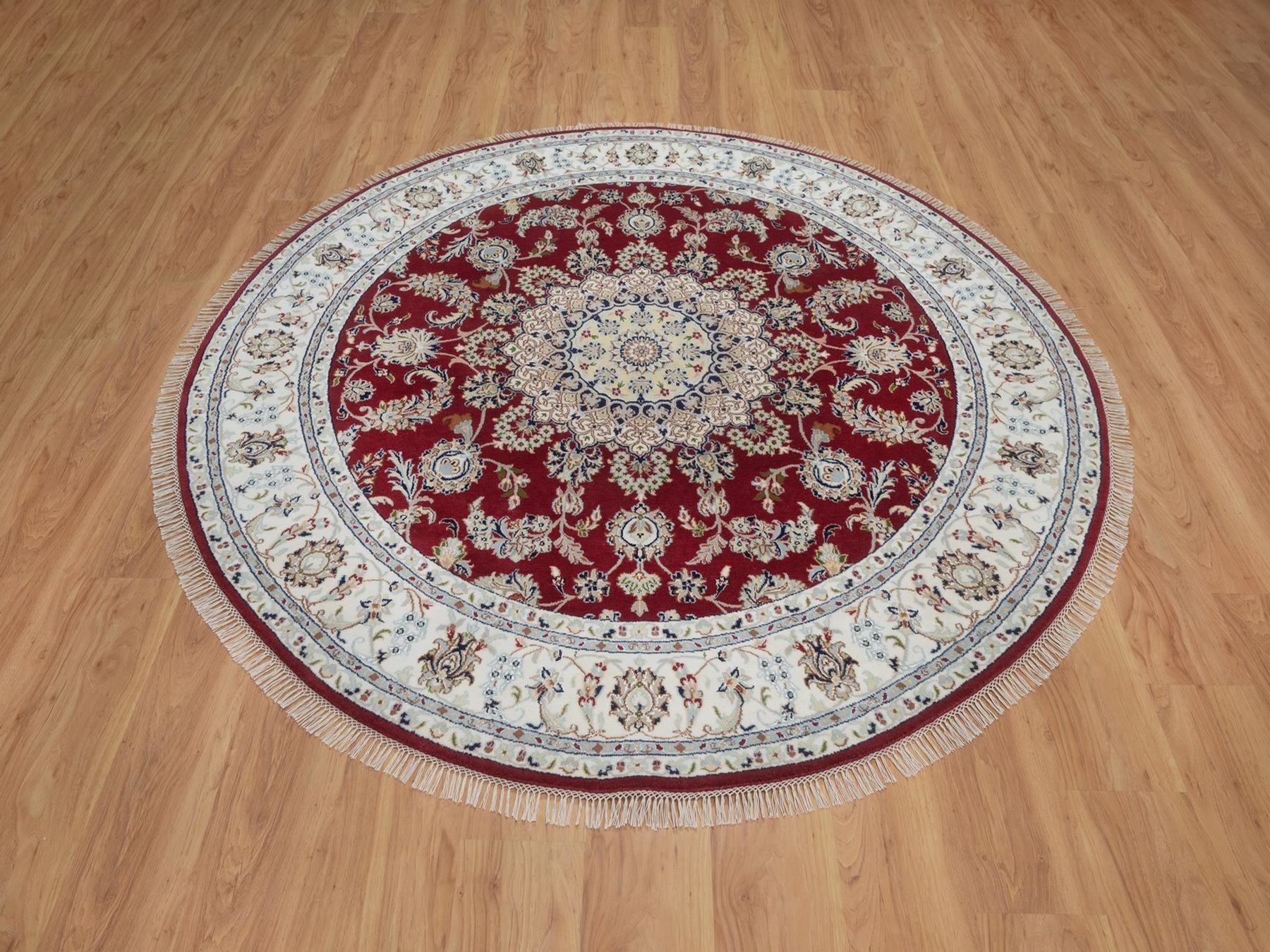 7'x7' Rhubarb Red, Nain with Flower Medallion Design, Hand Knotted, 250 KPSI, Wool and Silk, Soft Pile, Round, Oriental Rug HR92556 - Image 2