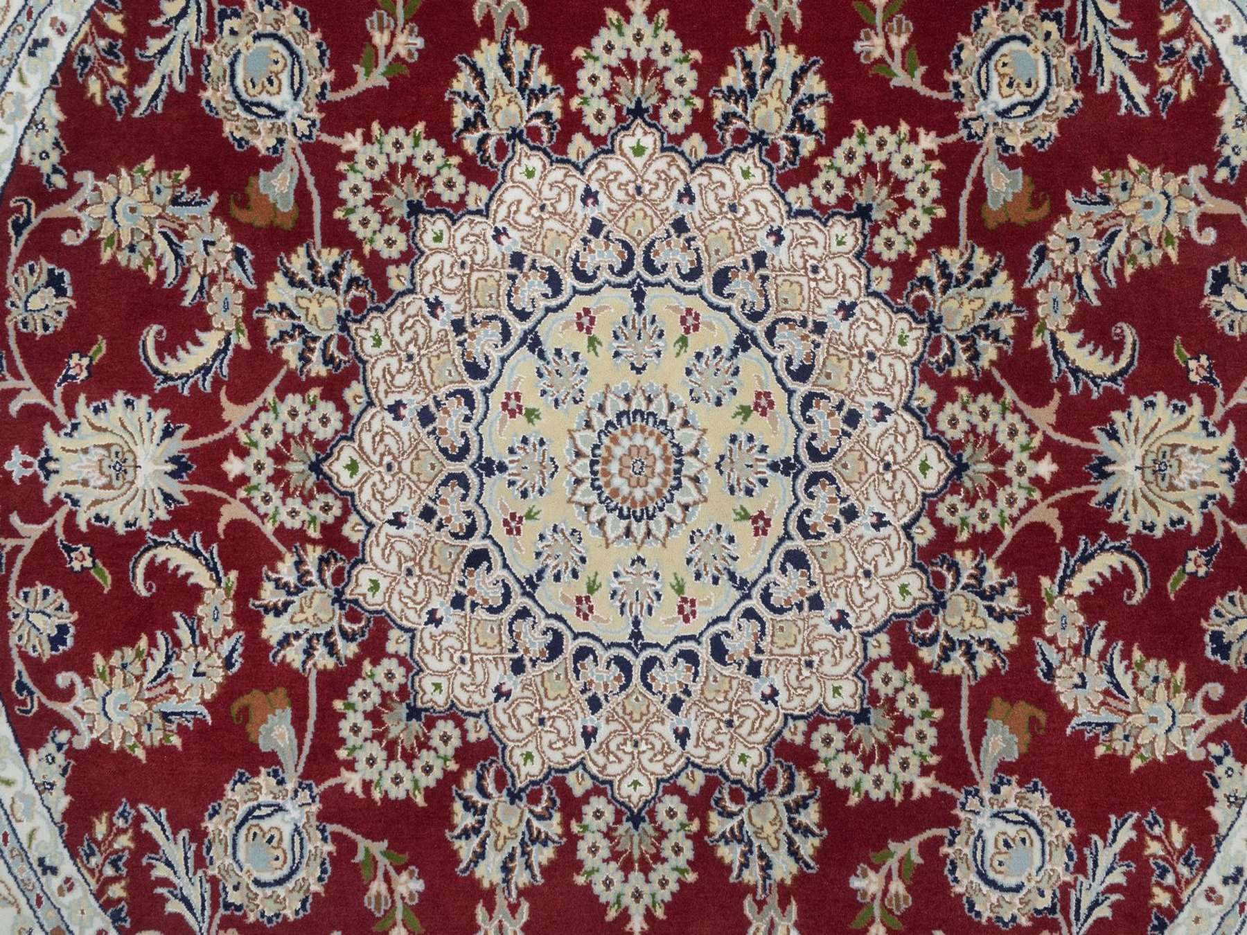7'x7' Rhubarb Red, Nain with Flower Medallion Design, Hand Knotted, 250 KPSI, Wool and Silk, Soft Pile, Round, Oriental Rug HR92556 - Image 5