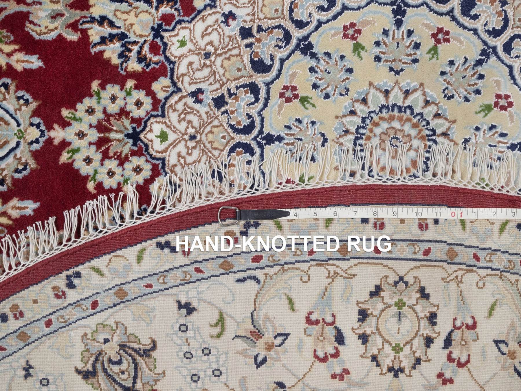 7'x7' Rhubarb Red, Nain with Flower Medallion Design, Hand Knotted, 250 KPSI, Wool and Silk, Soft Pile, Round, Oriental Rug HR92556 - Image 8
