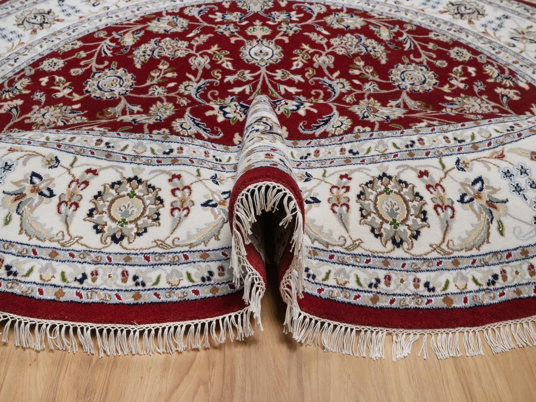 8'x8' Rhubarb Red, Nain with All Over Flower Design, Soft Pile, Wool and Silk, 250 KPSI, Hand Knotted, Round, Oriental Rug HR92558 - Image 5