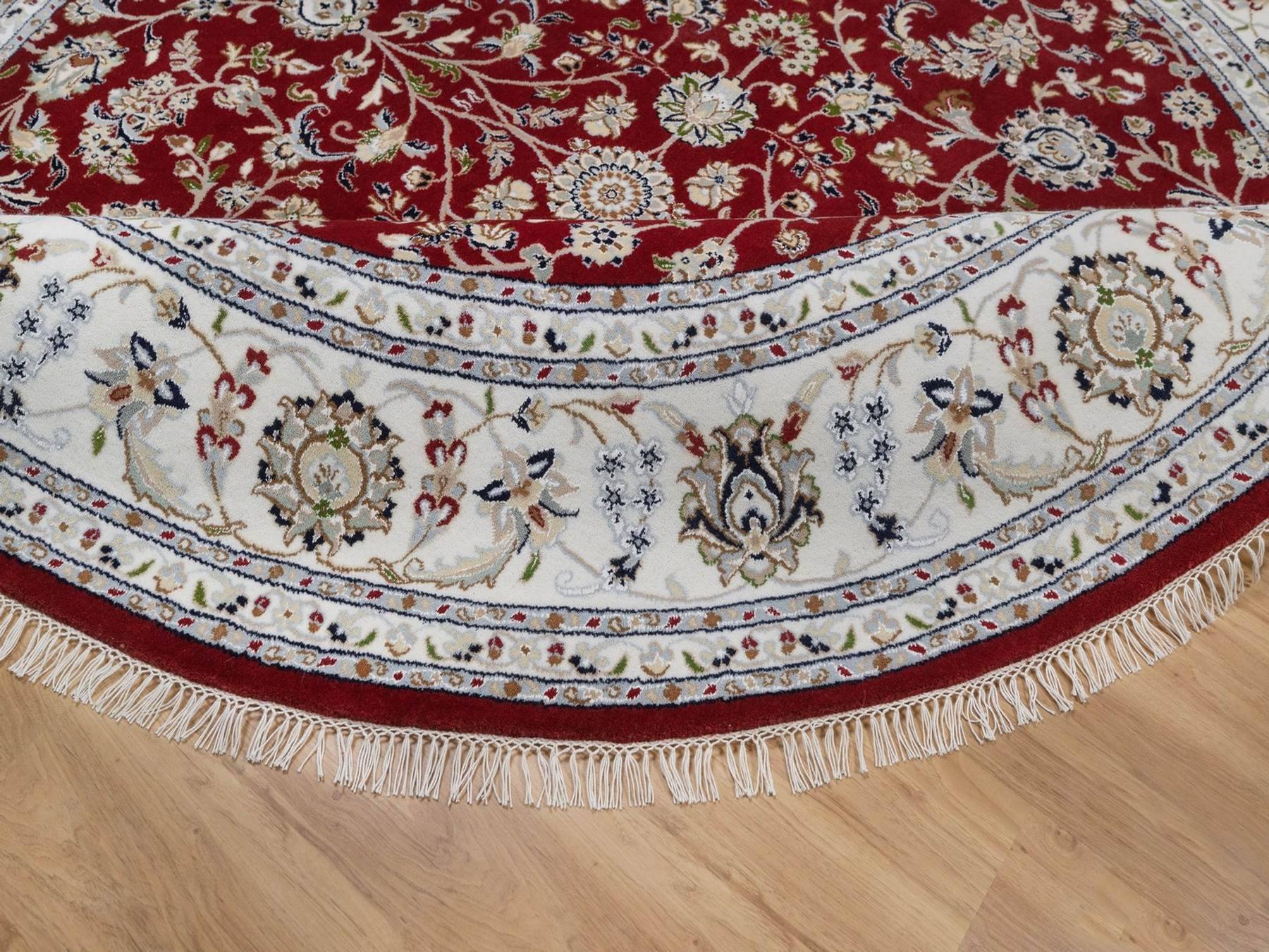 8'x8' Rhubarb Red, Nain with All Over Flower Design, Soft Pile, Wool and Silk, 250 KPSI, Hand Knotted, Round, Oriental Rug HR92558 - Image 6