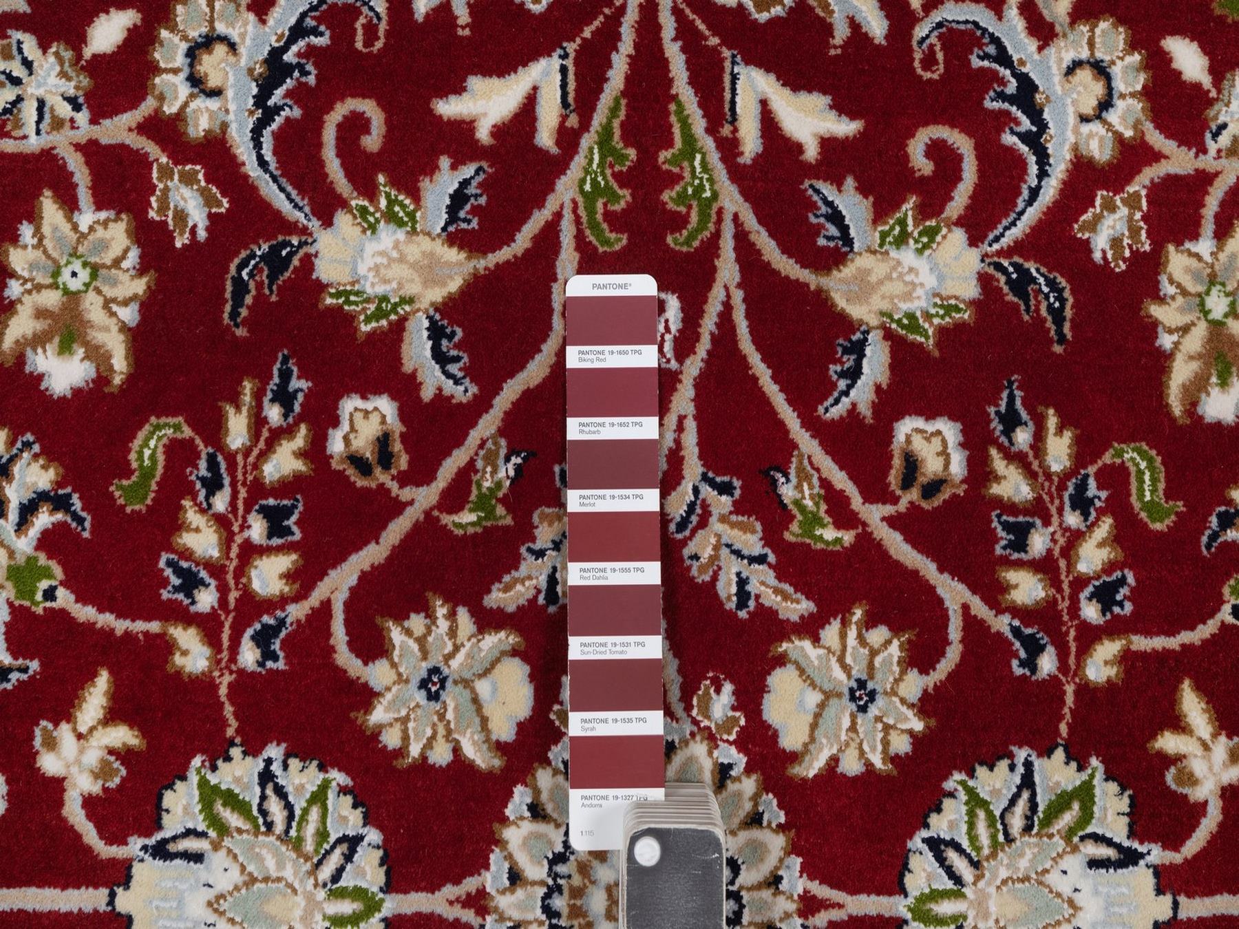 8'x8' Rhubarb Red, Nain with All Over Flower Design, Soft Pile, Wool and Silk, 250 KPSI, Hand Knotted, Round, Oriental Rug HR92558 - Image 7