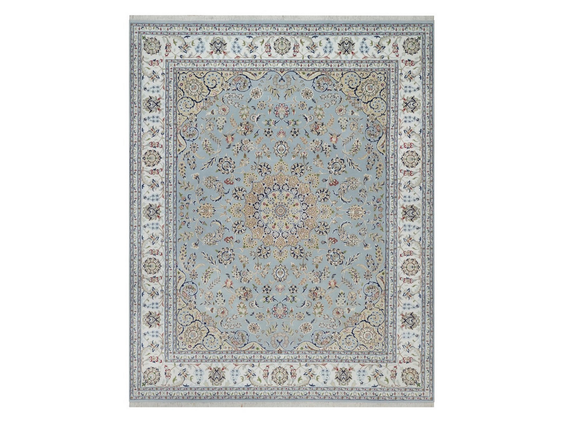 8'3"x10'4" Light Blue, Wool and Silk, Nain with Flower Medallion Design, Hand Knotted, Soft Pile, 250 KPSI, Oriental Rug HR92562