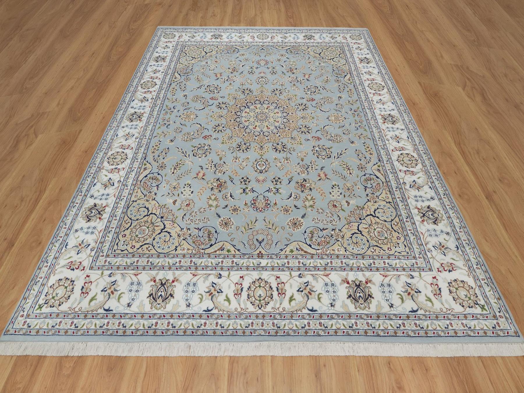 8'3"x10'4" Light Blue, Wool and Silk, Nain with Flower Medallion Design, Hand Knotted, Soft Pile, 250 KPSI, Oriental Rug HR92562 - Image 2