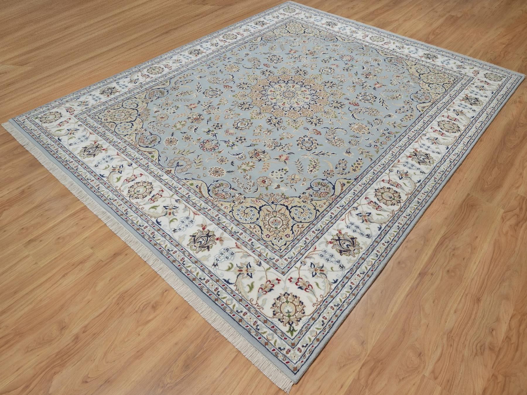 8'3"x10'4" Light Blue, Wool and Silk, Nain with Flower Medallion Design, Hand Knotted, Soft Pile, 250 KPSI, Oriental Rug HR92562 - Image 3