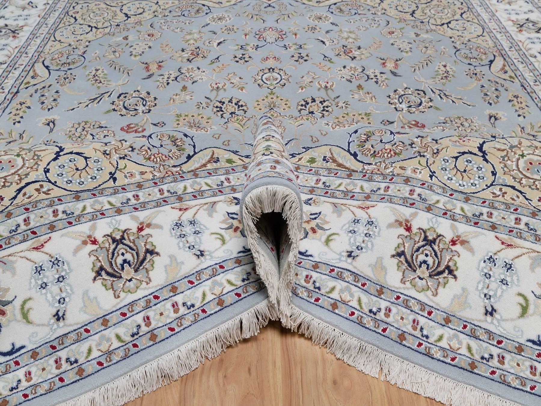 8'3"x10'4" Light Blue, Wool and Silk, Nain with Flower Medallion Design, Hand Knotted, Soft Pile, 250 KPSI, Oriental Rug HR92562 - Image 5