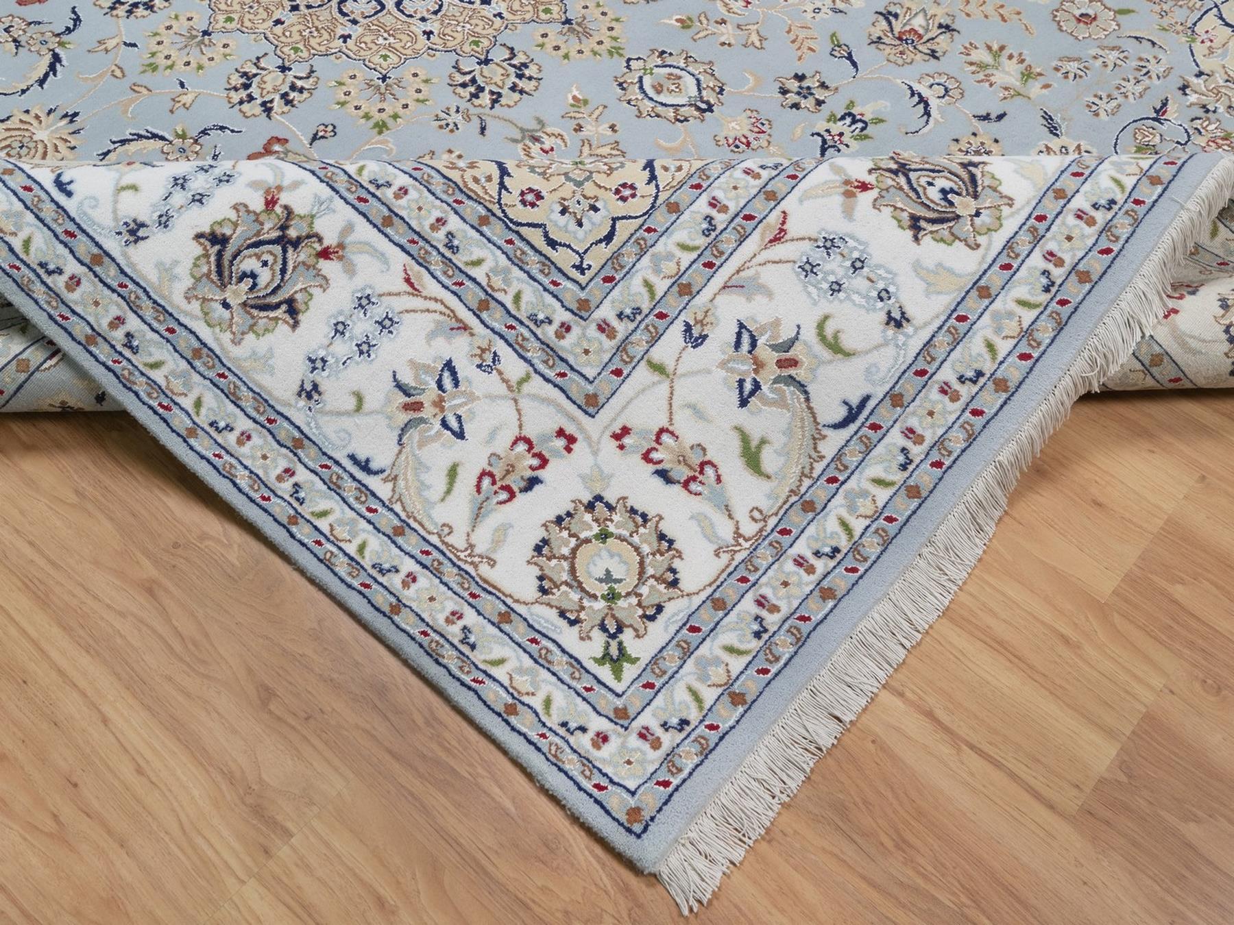 8'3"x10'4" Light Blue, Wool and Silk, Nain with Flower Medallion Design, Hand Knotted, Soft Pile, 250 KPSI, Oriental Rug HR92562 - Image 6
