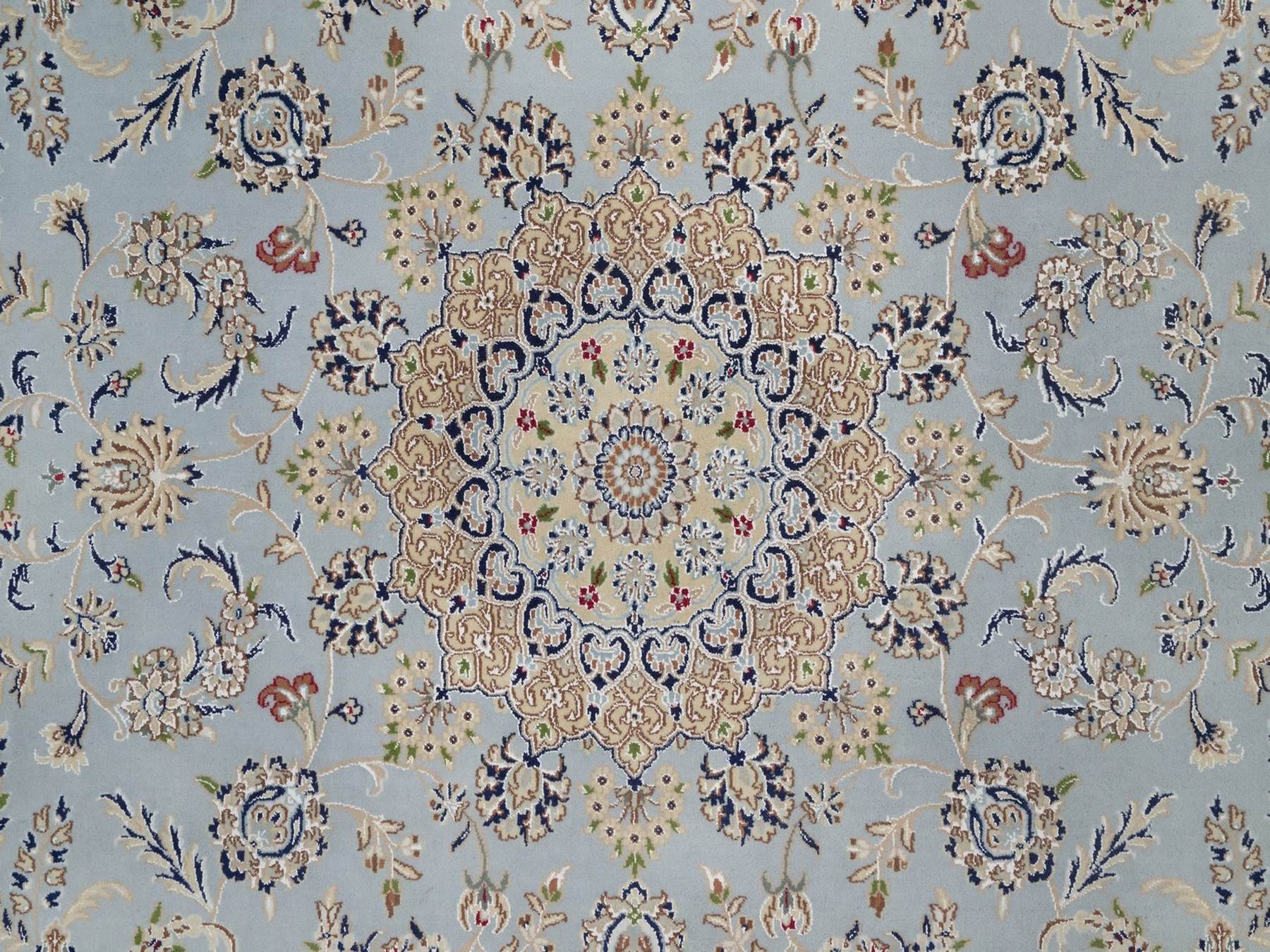 8'3"x10'4" Light Blue, Wool and Silk, Nain with Flower Medallion Design, Hand Knotted, Soft Pile, 250 KPSI, Oriental Rug HR92562 - Image 8