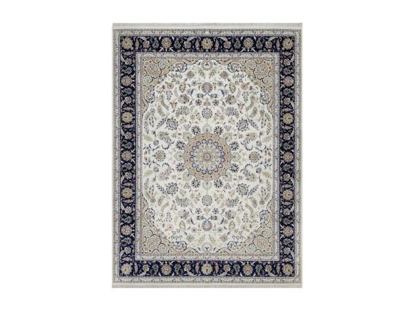 9'1"x12'4" Pearl White, Nain with Flower Medallion Design, Wool and Silk, 250 KPSI, Hand Knotted, Soft Pile, Oriental Rug HR92564