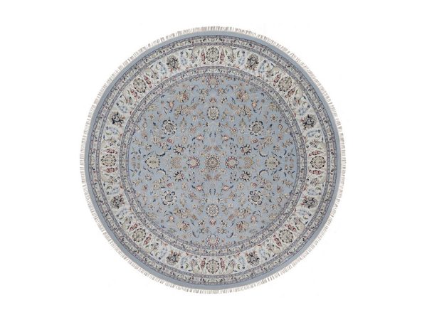 9'1"x9'9" Light Blue, Hand Knotted, Nain with All Over Flower Design, Soft Pile, Wool and Silk, 250 KPSI, Round, Oriental Rug HR92566
