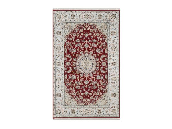 4'10"x7'10" Rhubarb Red, Nain with Flower Medallion Design, Hand Knotted, 250 KPSI, Wool and Silk, Soft Pile, Oriental Rug HR92567