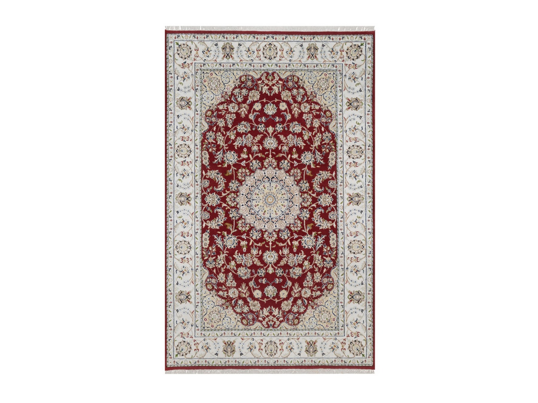 4'10"x7'10" Rhubarb Red, Nain with Flower Medallion Design, Hand Knotted, 250 KPSI, Wool and Silk, Soft Pile, Oriental Rug HR92567