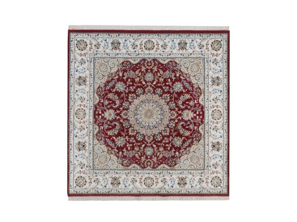 6'x6' Rhubarb Red, Nain with Flower Medallion Design, Hand Knotted, Wool and Silk, 250 KPSI, Soft Pile, Square, Oriental Rug HR92568