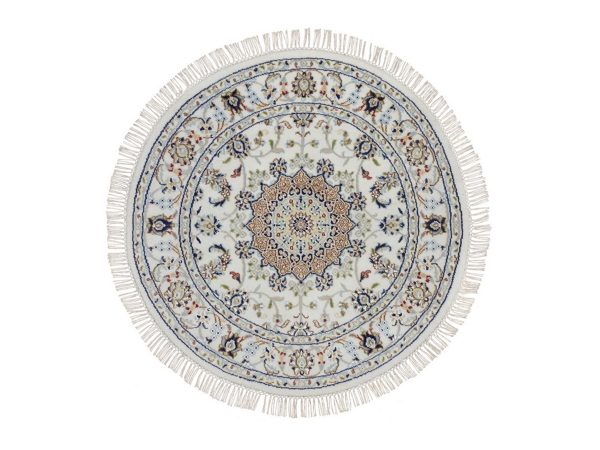 3'2"x3'2" Pearl White, Nain with Flower Medallion Design, Wool and Silk, Hand Knotted, 250 KPSI, Soft Pile, Round, Oriental Rug HR92578