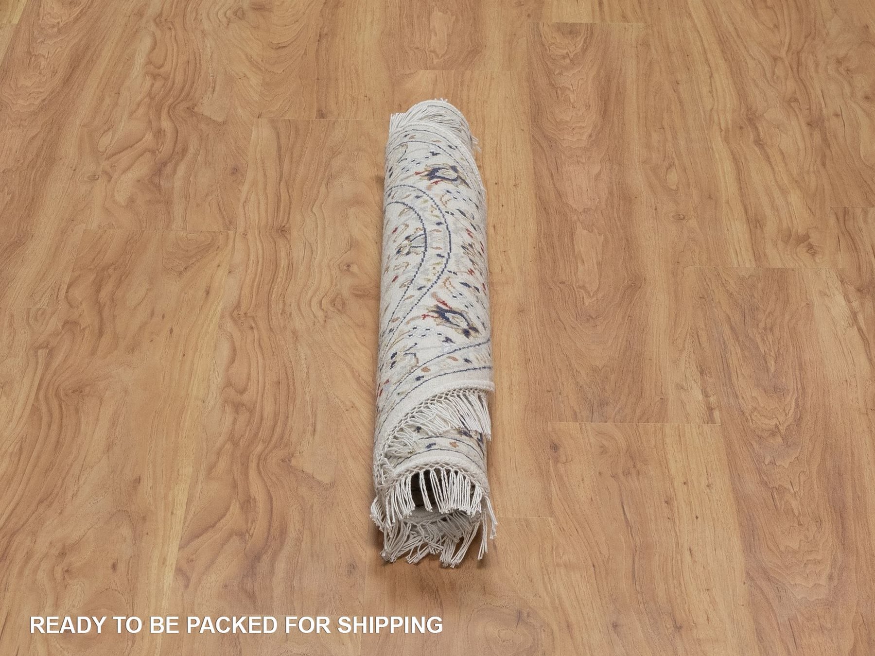 3'2"x3'2" Pearl White, Nain with Flower Medallion Design, Wool and Silk, Hand Knotted, 250 KPSI, Soft Pile, Round, Oriental Rug HR92578 - Image 6