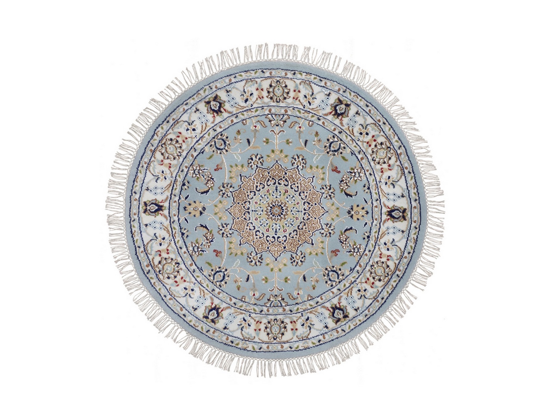 3'2"x3'2" Light Blue, Nain with Flower Medallion Design, Hand Knotted, Wool and Silk, Soft Pile, 250 KPSI, Round, Oriental Rug HR92580