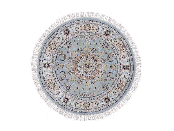 3'2"x3'2" Light Blue, Nain with Flower Medallion Design, Wool and Silk, Hand Knotted, Soft Pile, 250 KPSI, Round, Oriental Rug HR92581