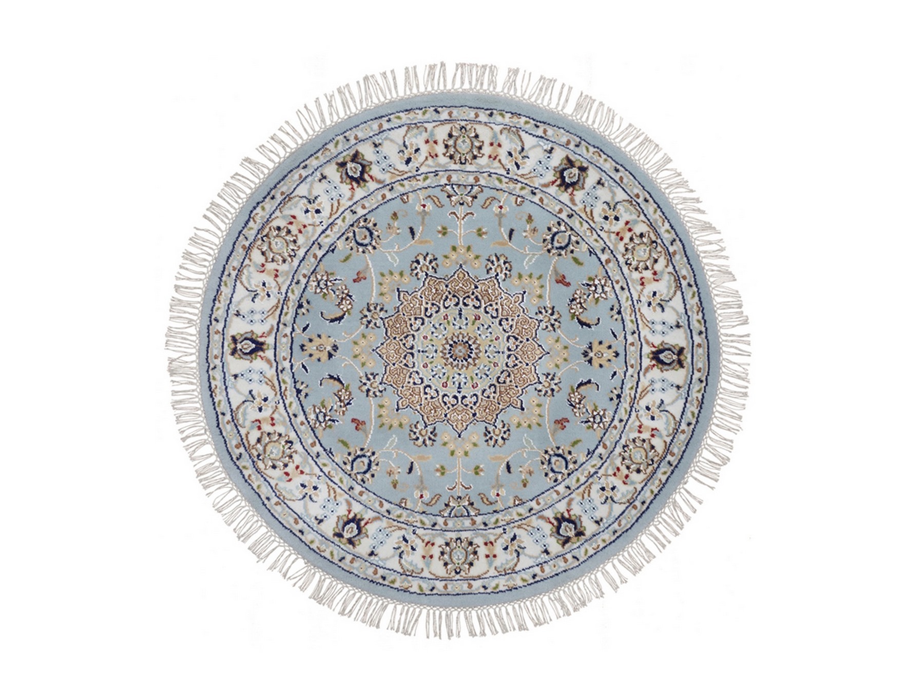 3'2"x3'2" Light Blue, Nain with Flower Medallion Design, Wool and Silk, Hand Knotted, Soft Pile, 250 KPSI, Round, Oriental Rug HR92581