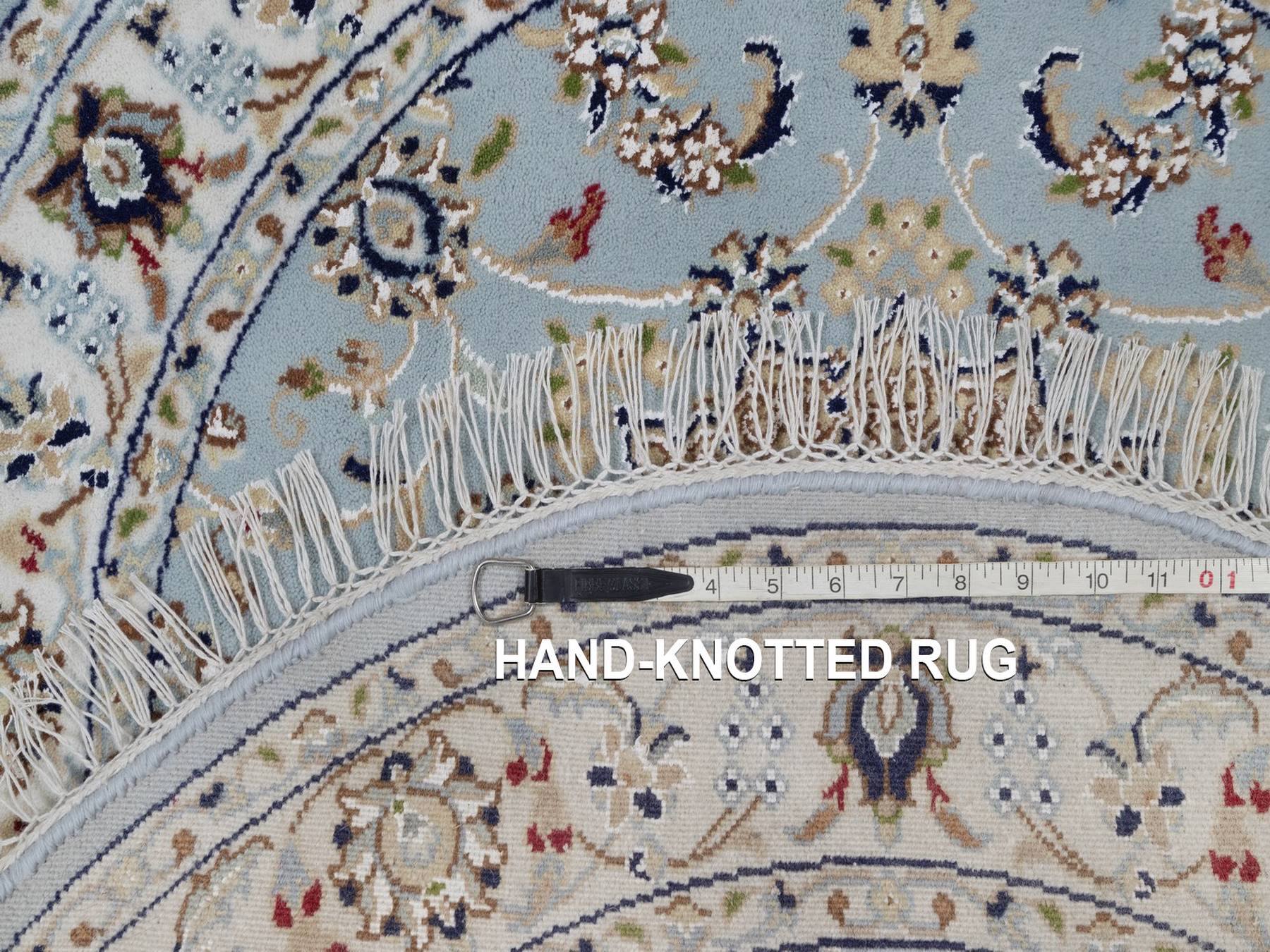 3'2"x3'2" Light Blue, Nain with Flower Medallion Design, Wool and Silk, Hand Knotted, Soft Pile, 250 KPSI, Round, Oriental Rug HR92581 - Image 8