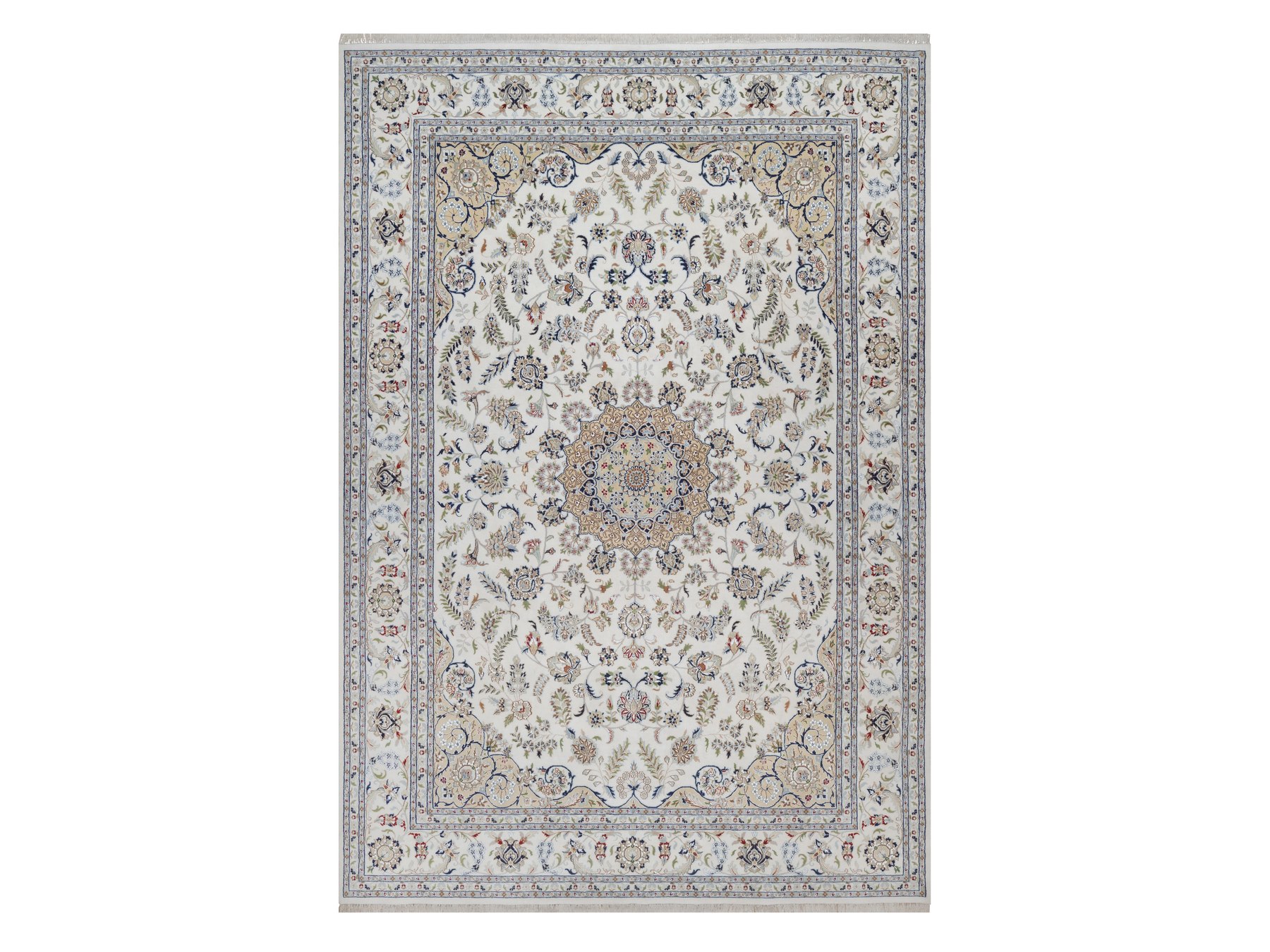 9'7"x14' Pearl White, Nain with Flower Medallion Design, Wool and Silk, Hand Knotted, 250 KPSI, Soft Pile, Oriental Rug HR92584