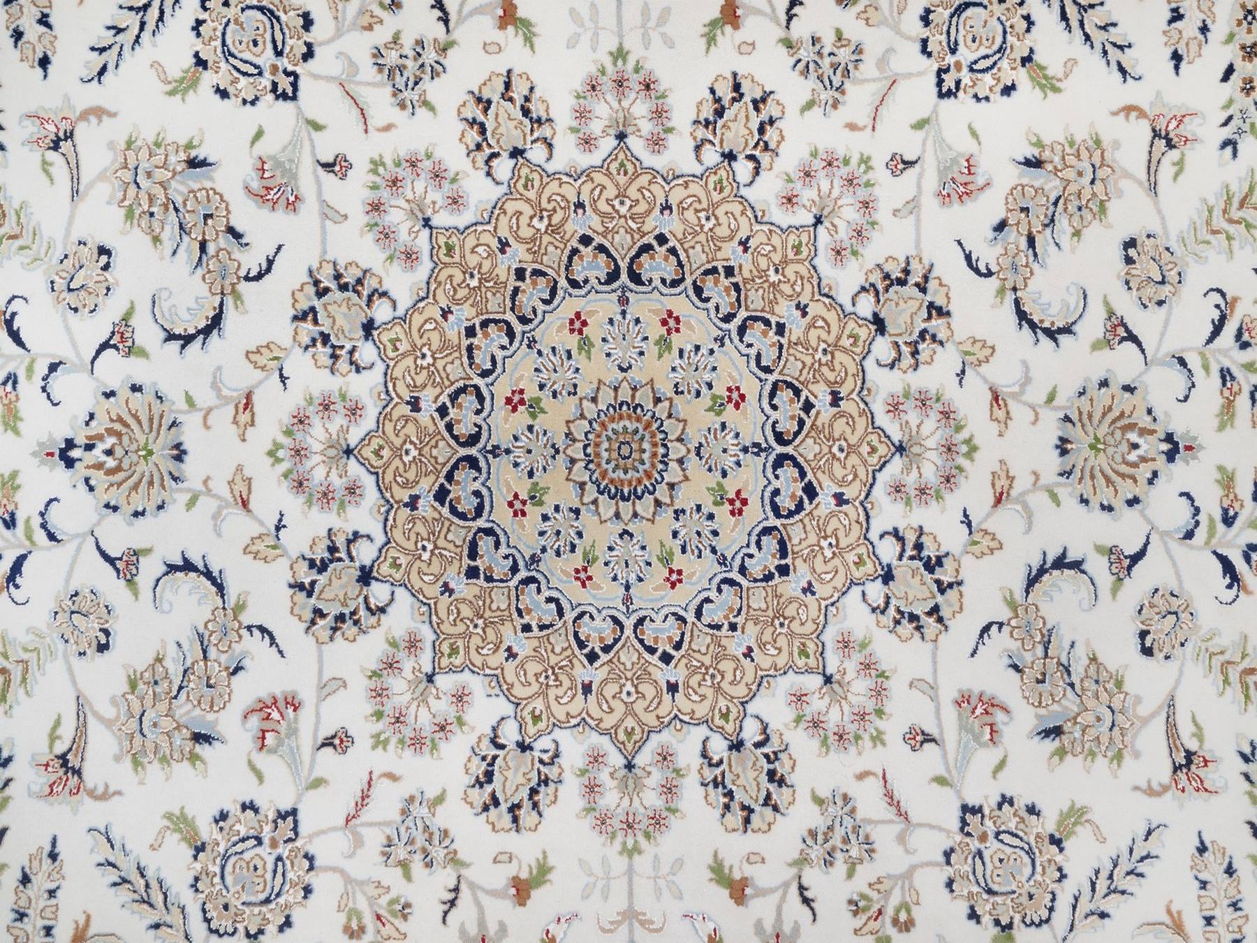 9'7"x14' Pearl White, Nain with Flower Medallion Design, Wool and Silk, Hand Knotted, 250 KPSI, Soft Pile, Oriental Rug HR92584 - Image 8