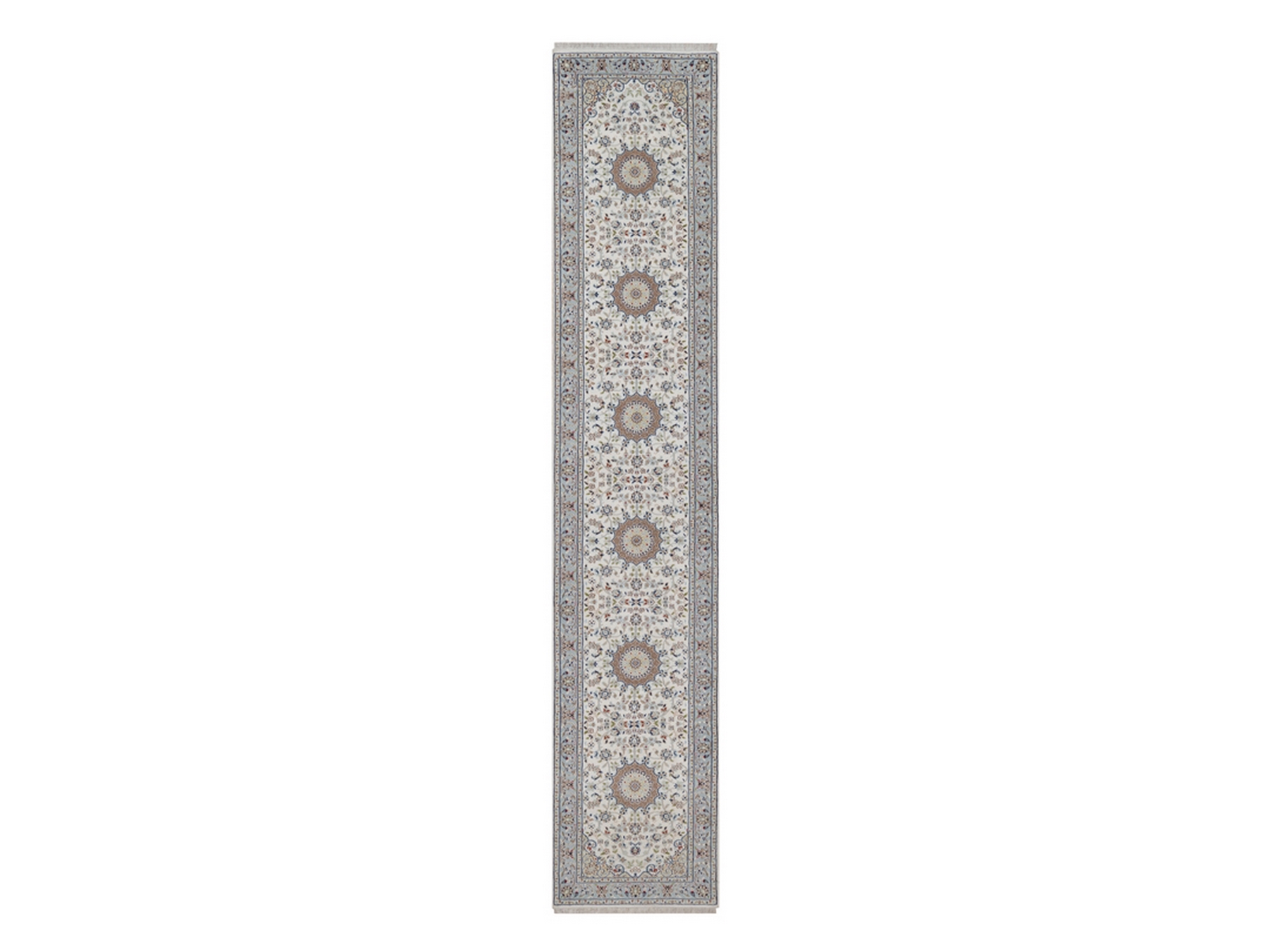 2'9"x14'6" Pearl White, Nain with Flower Medallions Design, 250 KPSI, Hand Knotted, Soft Pile, Wool and Silk, XL Runner, Oriental Rug HR92588