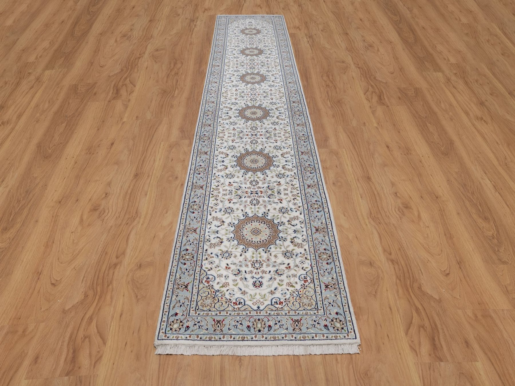 2'9"x14'6" Pearl White, Nain with Flower Medallions Design, 250 KPSI, Hand Knotted, Soft Pile, Wool and Silk, XL Runner, Oriental Rug HR92588 - Image 2