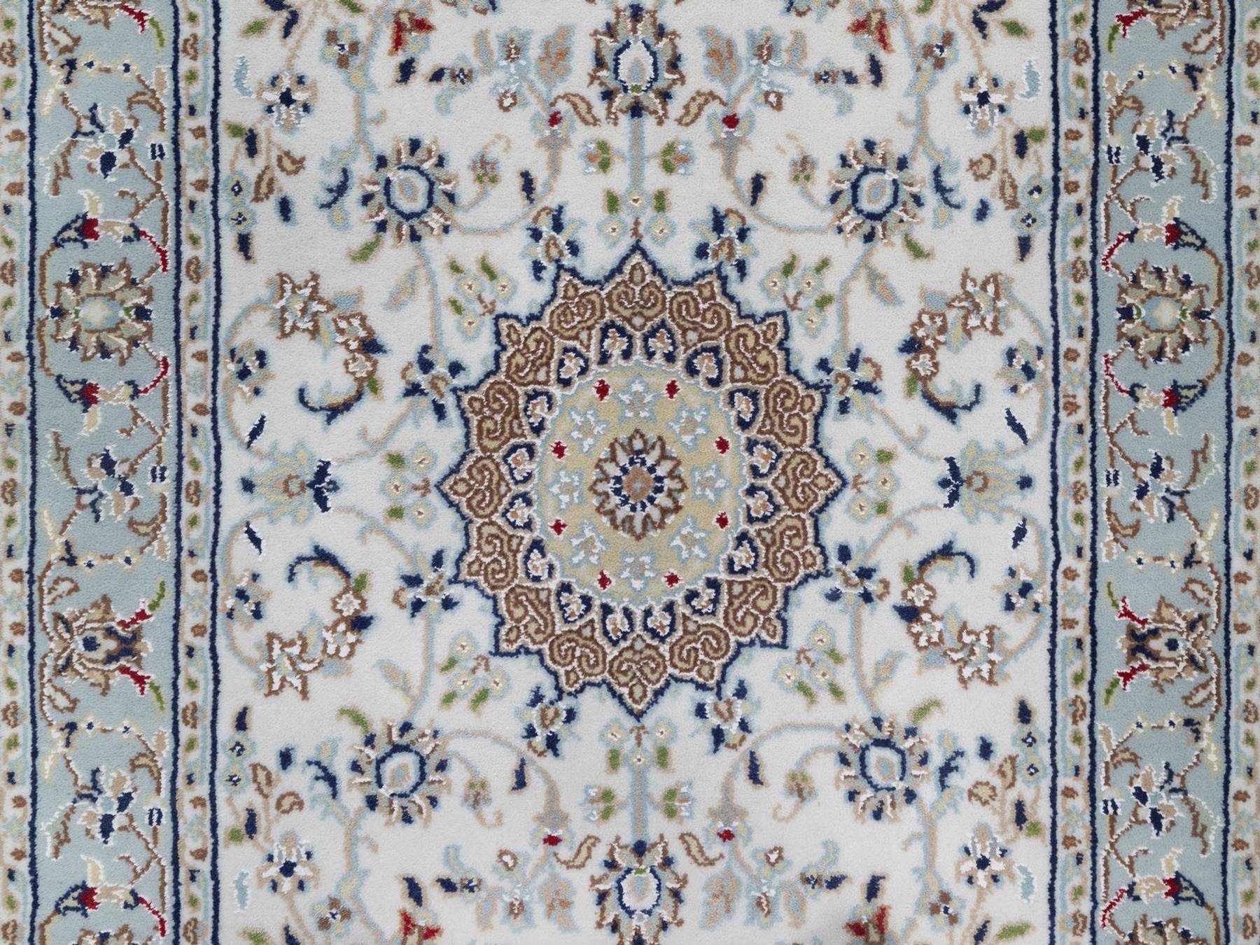 2'9"x14'6" Pearl White, Nain with Flower Medallions Design, 250 KPSI, Hand Knotted, Soft Pile, Wool and Silk, XL Runner, Oriental Rug HR92588 - Image 5