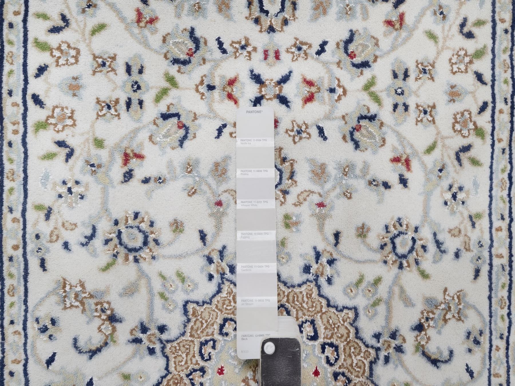 2'9"x22'5" Pearl White, Hand Knotted, Nain with Flower Medallions Design, Wool and Silk, 250 KPSI, Soft Pile, XL Runner, Oriental Rug HR92589 - Image 4