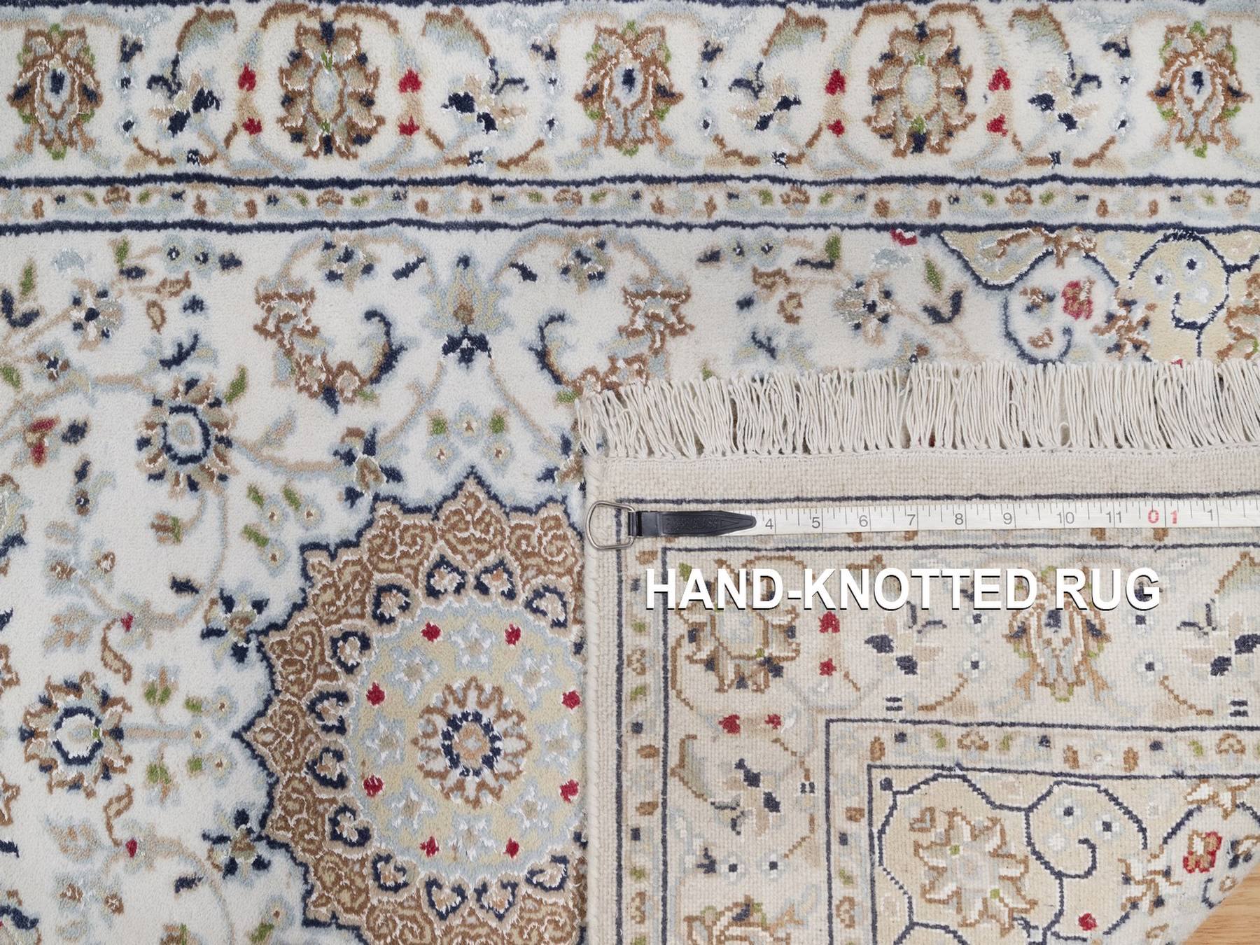 2'9"x22'5" Pearl White, Hand Knotted, Nain with Flower Medallions Design, Wool and Silk, 250 KPSI, Soft Pile, XL Runner, Oriental Rug HR92589 - Image 8