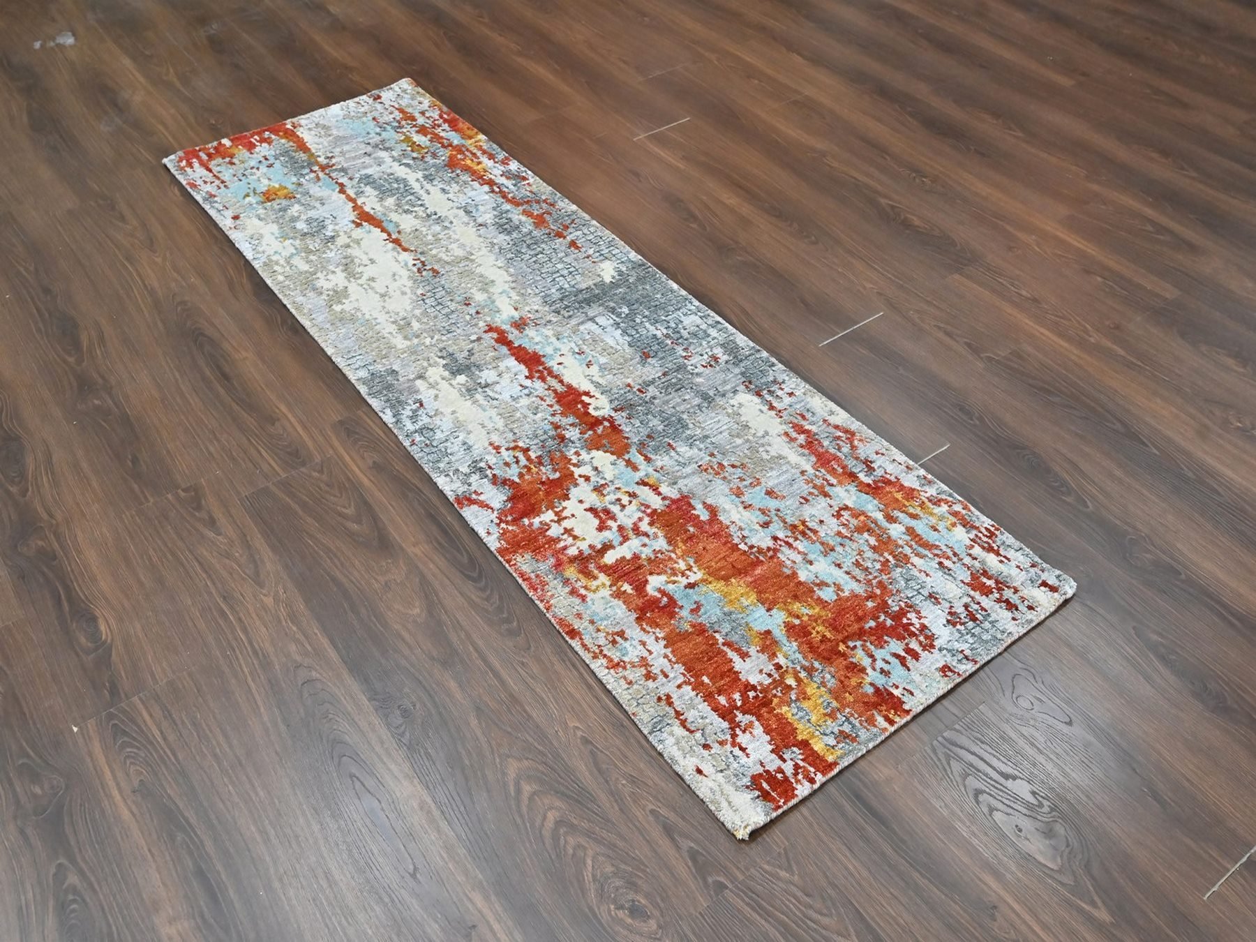 2'6"x7'10" Burnt Orange with Gray, Abstract with Fire Mosaic Design, Wool and Silk, Hand Knotted, Runner, Oriental Rug HR10519 - Image 2