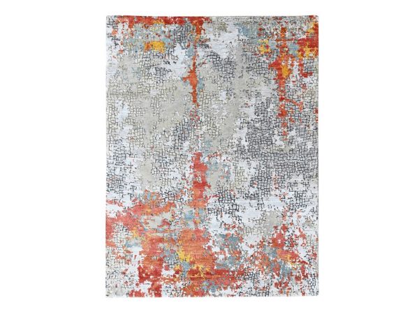 5'x6'10" Burnt Orange with Gray, Abstract with Fire Mosaic Design, Hand Knotted, Wool and Silk, Oriental Rug HR10522