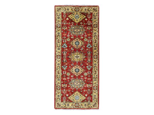 2'6"x6'1" Crimson Red, Karajeh Design with Geometric Medallions, Hand Knotted, Pure Wool, Soft Pile, Runner, Oriental Rug HR10525
