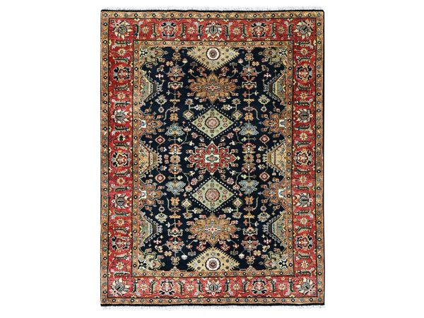 5'x7' Midnight Black, Karajeh Design with Geometric Medallions, Hand Knotted, Pure Wool, Soft and Vibrant Pile, Oriental Rug HR10526