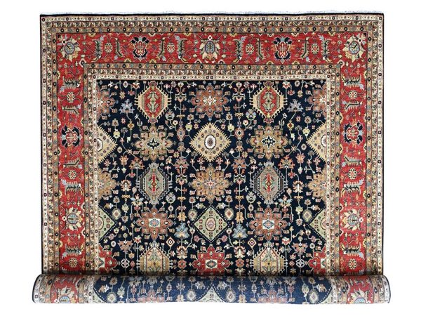 12'x15'2" Midnight Black, Karajeh Design with Geometric Medallions, Hand Knotted, Pure Wool, Soft and Vibrant Pile, Oversized, XL, Oriental Rug HR10528