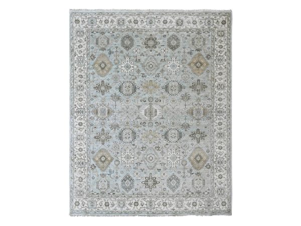 9'1"x12' Pistachio Green, Karajeh Design with Geometric Medallions, Hand Knotted, Pure Wool, Oriental Rug HR10532