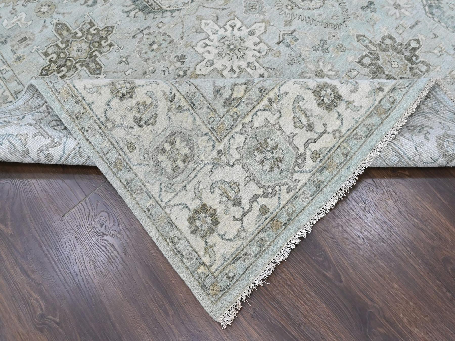 9'1"x12' Pistachio Green, Karajeh Design with Geometric Medallions, Hand Knotted, Pure Wool, Oriental Rug HR10532 - Image 6