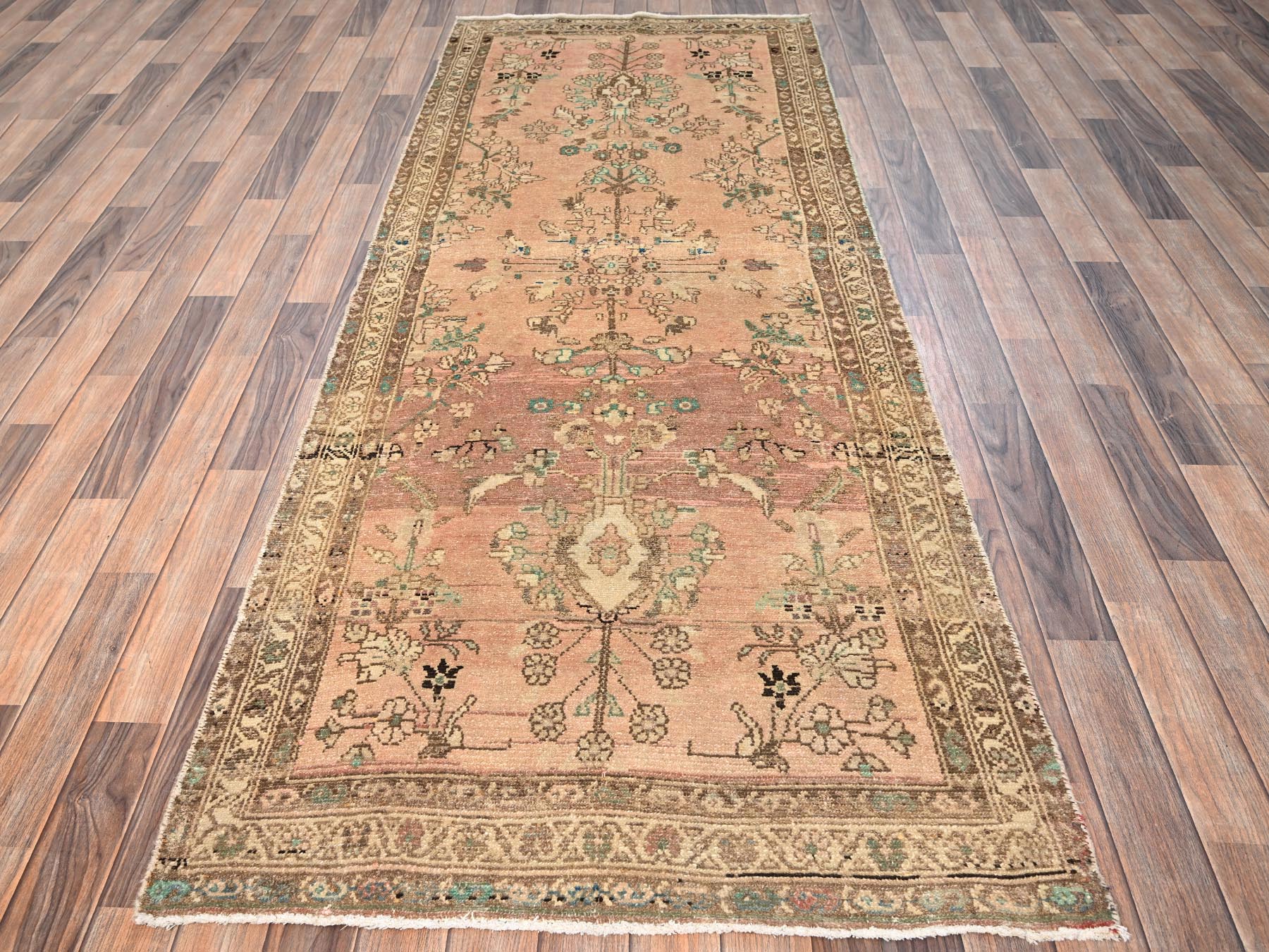 3'4"x9' Hazelnut Brown, Worn and Distressed, Cropped Thin, Vintage Persian Lilahan with Distinct Abrash, Zero Pile, Sides and Ends Professionally Secured, Hand Knotted, 100% Wool, Wide Runner, Oriental Rug HR1751 - Image 2
