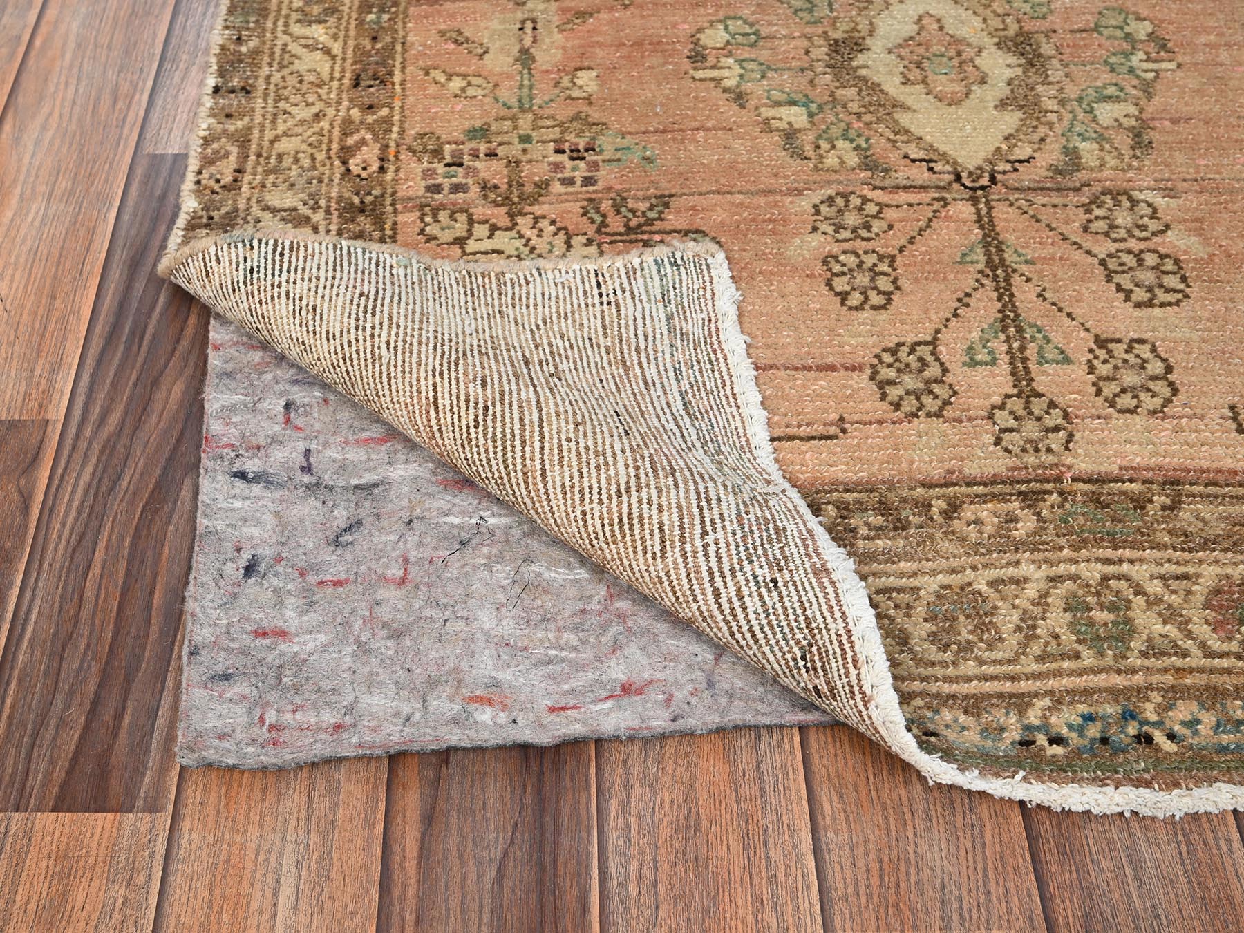 3'4"x9' Hazelnut Brown, Worn and Distressed, Cropped Thin, Vintage Persian Lilahan with Distinct Abrash, Zero Pile, Sides and Ends Professionally Secured, Hand Knotted, 100% Wool, Wide Runner, Oriental Rug HR1751 - Image 3